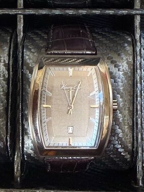 Kenneth Cole Silver-Tone Case Watch with Brown Leather Strap